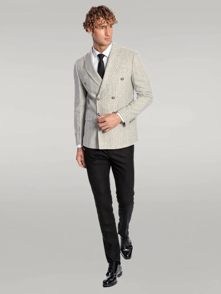 Wide Lapel Striped Double Breasted Grey Men Blazer - Wessi