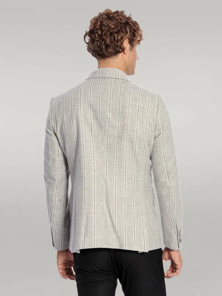 Wide Lapel Striped Double Breasted Grey Men Blazer - Wessi