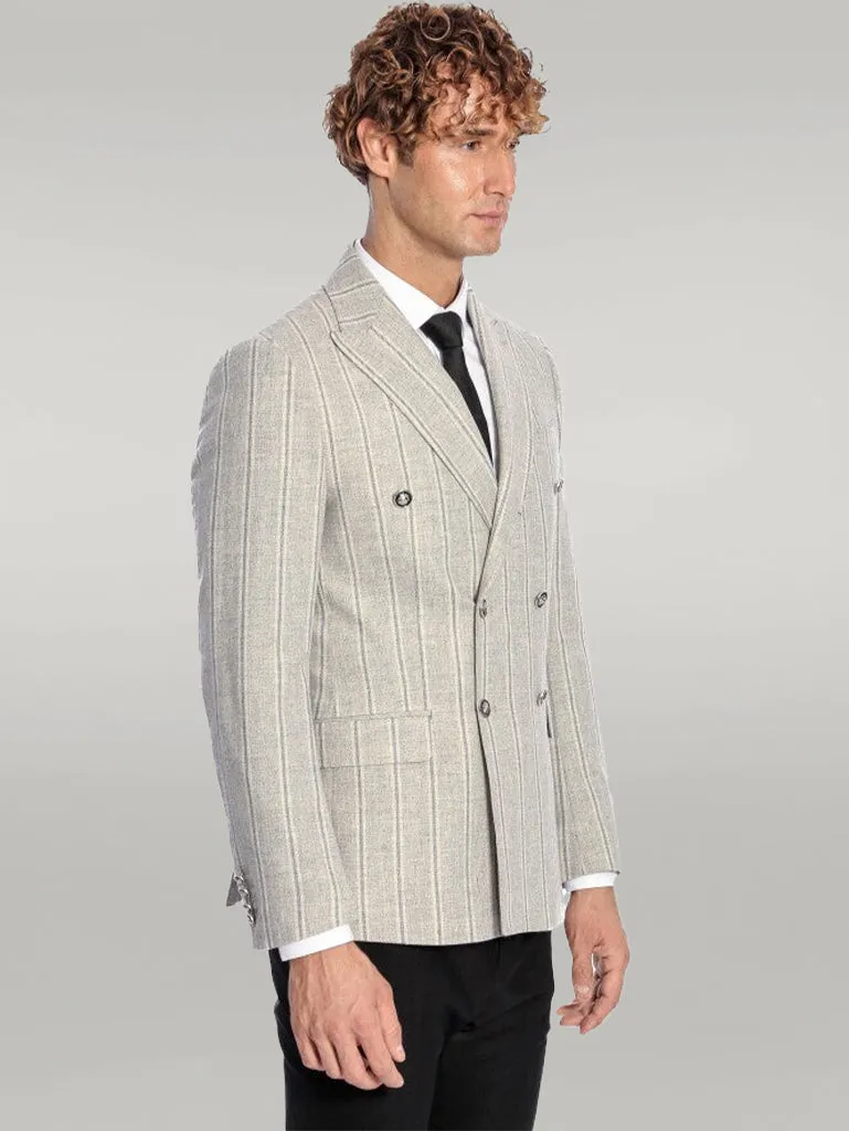 Wide Lapel Striped Double Breasted Grey Men Blazer - Wessi