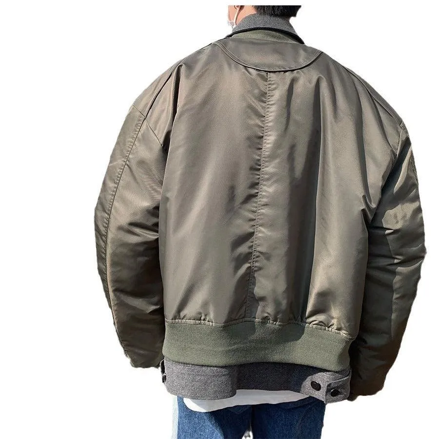 Winter High-grade Denim Stitching Fake Two-piece Pilot Jacket