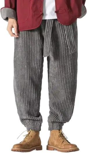 Winter Japanese Men Corduroy Harem Pants Oversized Gray XXL