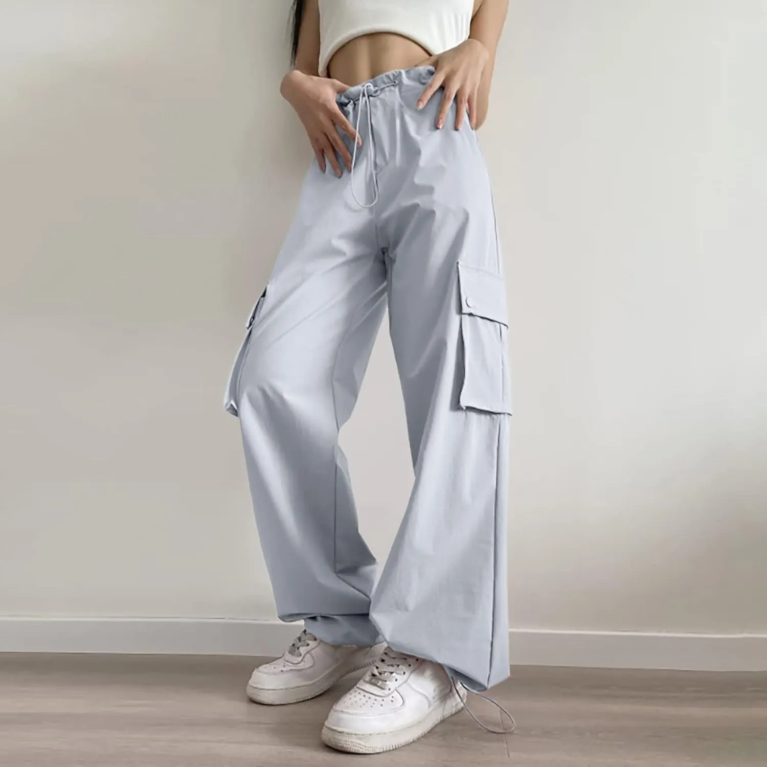 Women Comfy Bootcut Straight Casual Pants Parachute High Waist Cozy High Rise Running Active Harem Sweatpants Lace Up