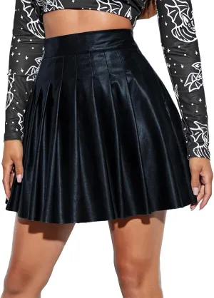 Women Fashion Pleated Skirt Waist High Leather Skirt Short Elegant Solid Skirt Pleated Midi Pleated School Girl