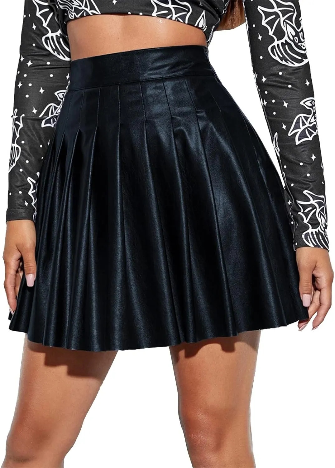Women Fashion Pleated Skirt Waist High Leather Skirt Short Elegant Solid Skirt Pleated Midi Pleated School Girl