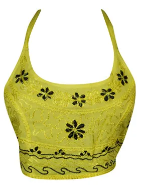 Women Halter Top, Yellow Tie Back Crop Top Embroidered Stylish S