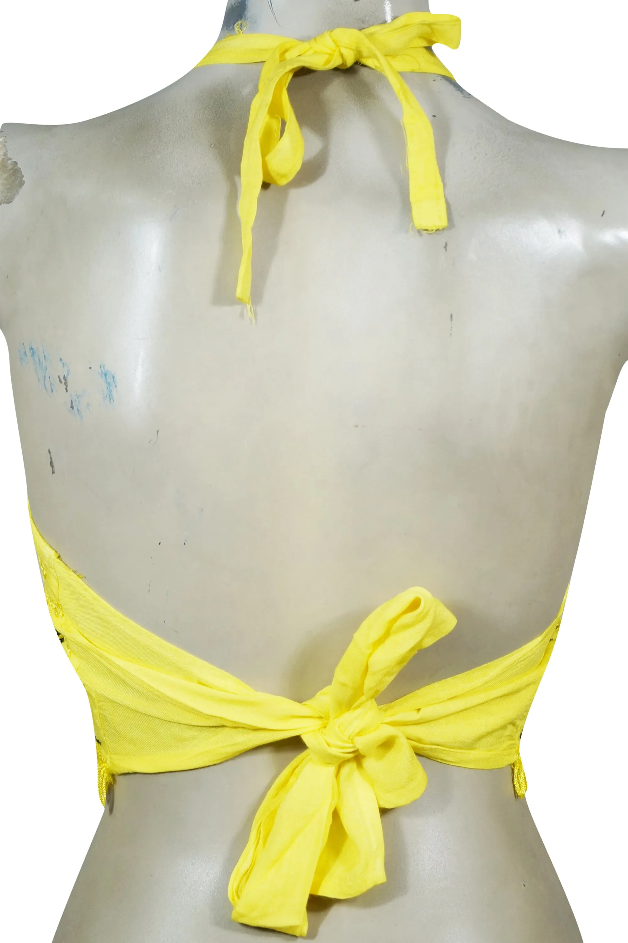 Women Halter Top, Yellow Tie Back Crop Top Embroidered Stylish S