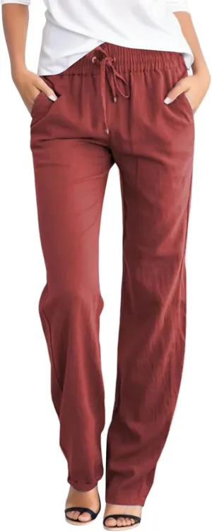 Women Linen Casual Pants Loose Fit High Waist Straight Leg Trousers Palazzo Pants with Drawstring Baggy Athletic Jogger Pants