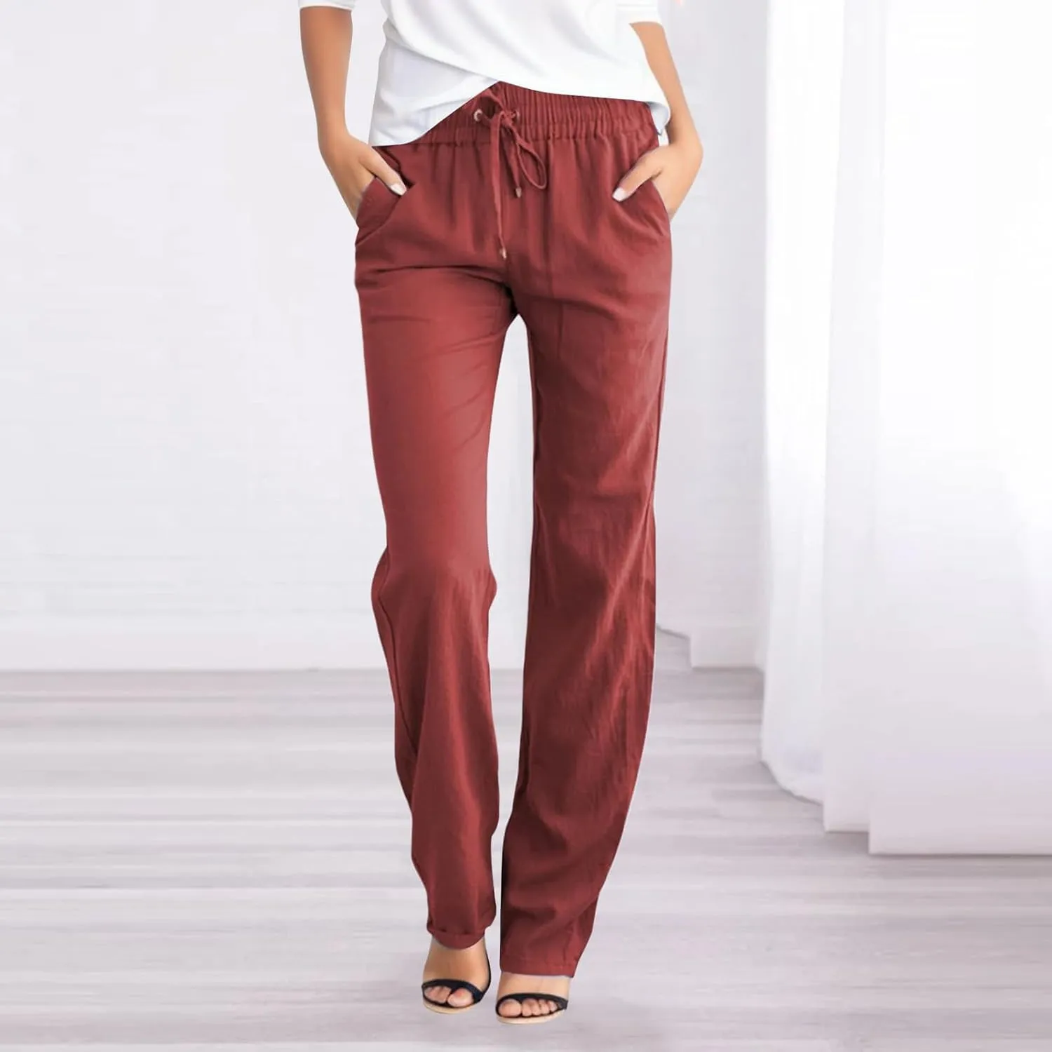 Women Linen Casual Pants Loose Fit High Waist Straight Leg Trousers Palazzo Pants with Drawstring Baggy Athletic Jogger Pants