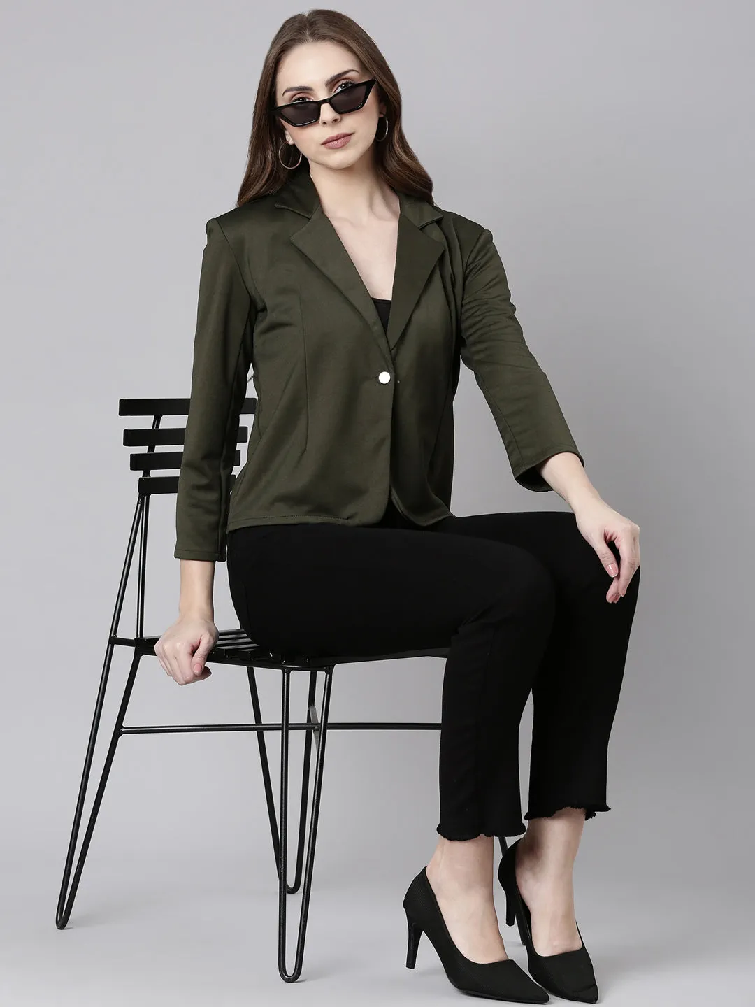 Women Olive Single Breasted Formal Blazer