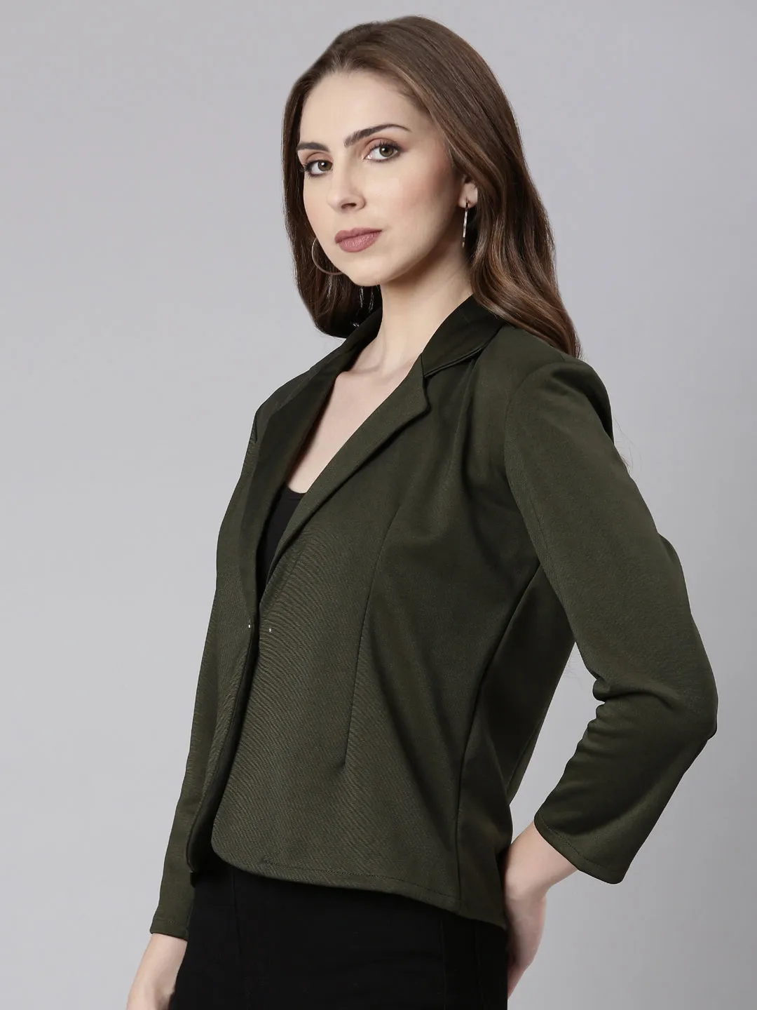 Women Olive Single Breasted Formal Blazer