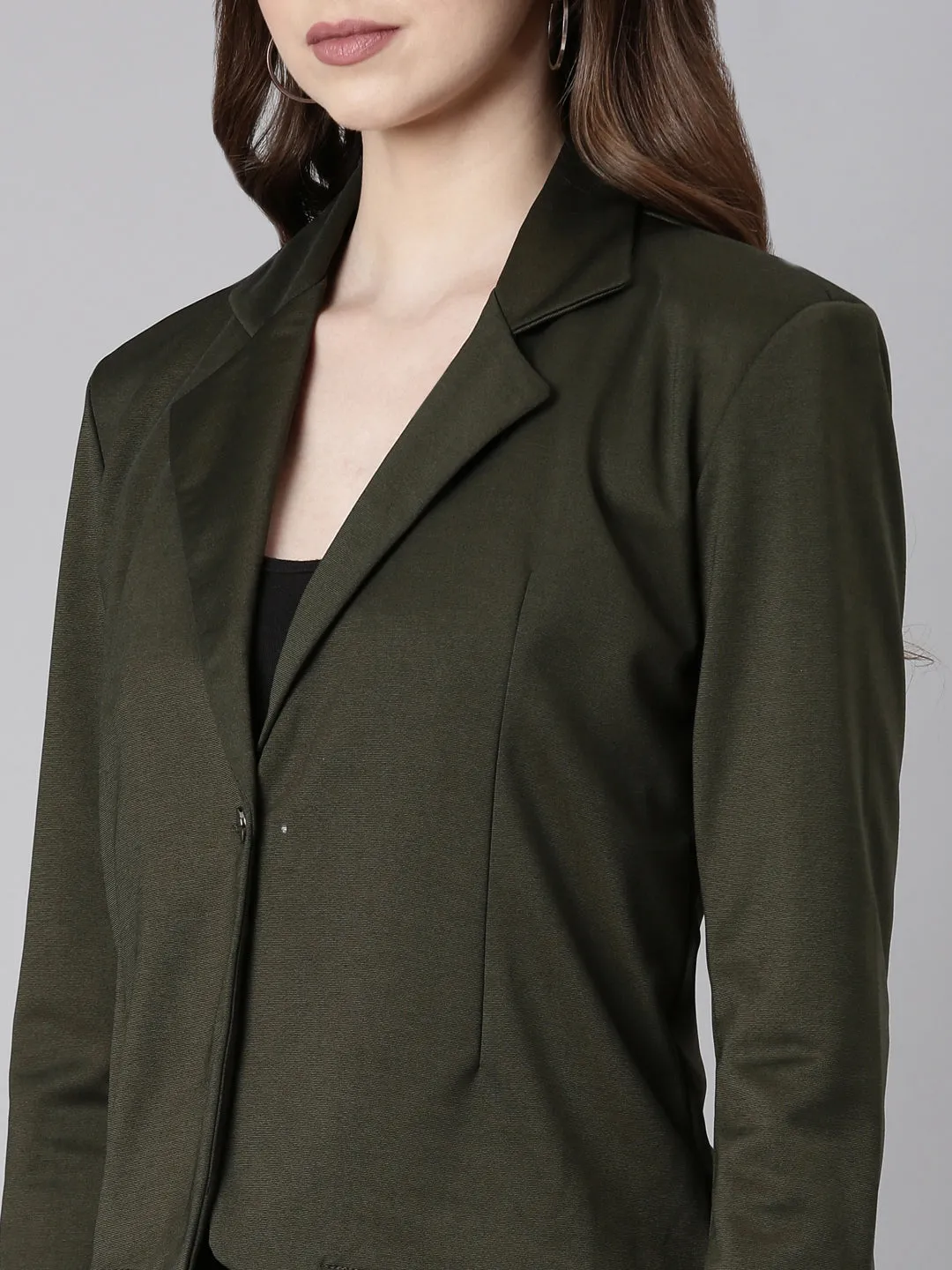 Women Olive Single Breasted Formal Blazer