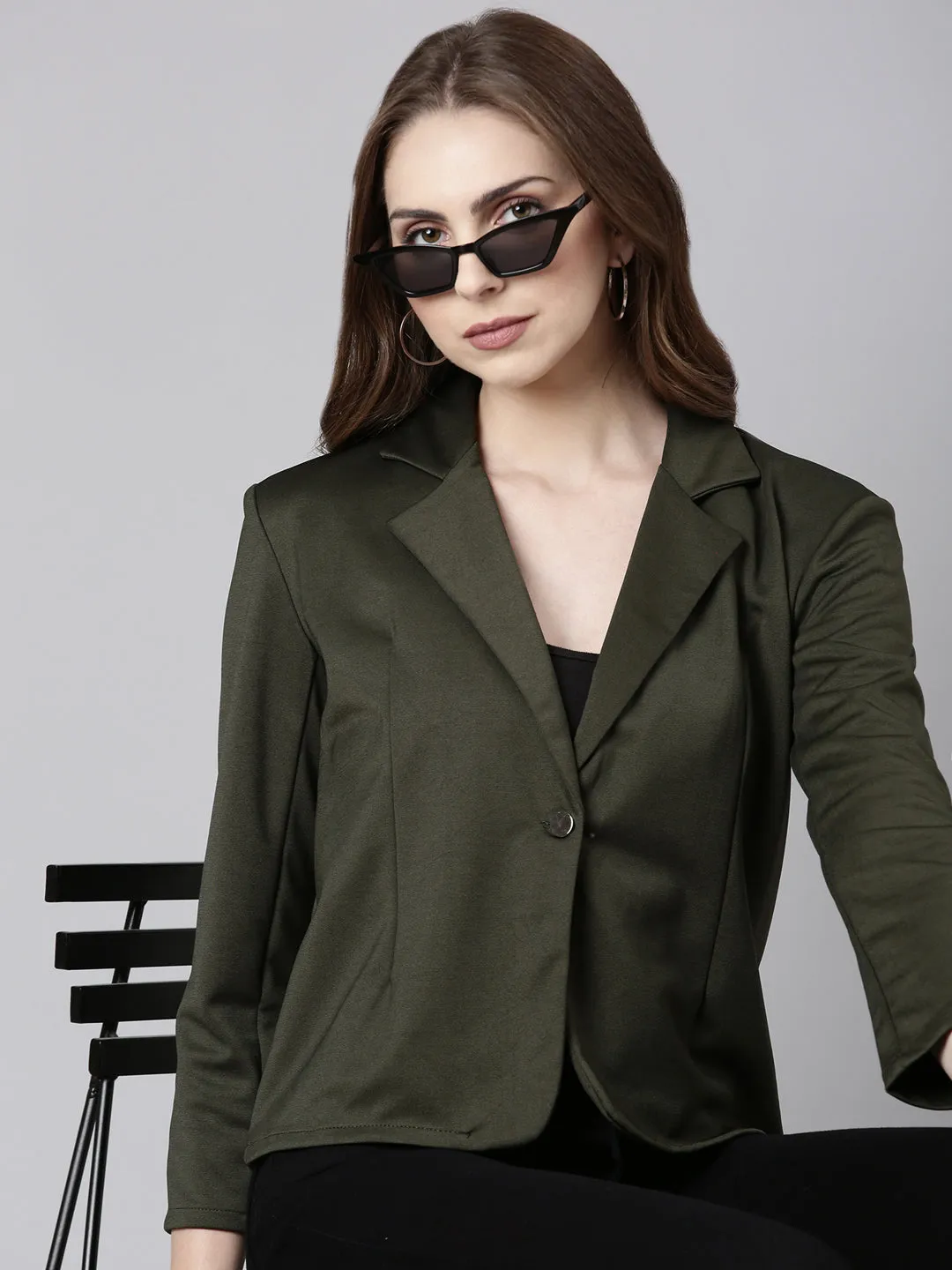 Women Olive Single Breasted Formal Blazer
