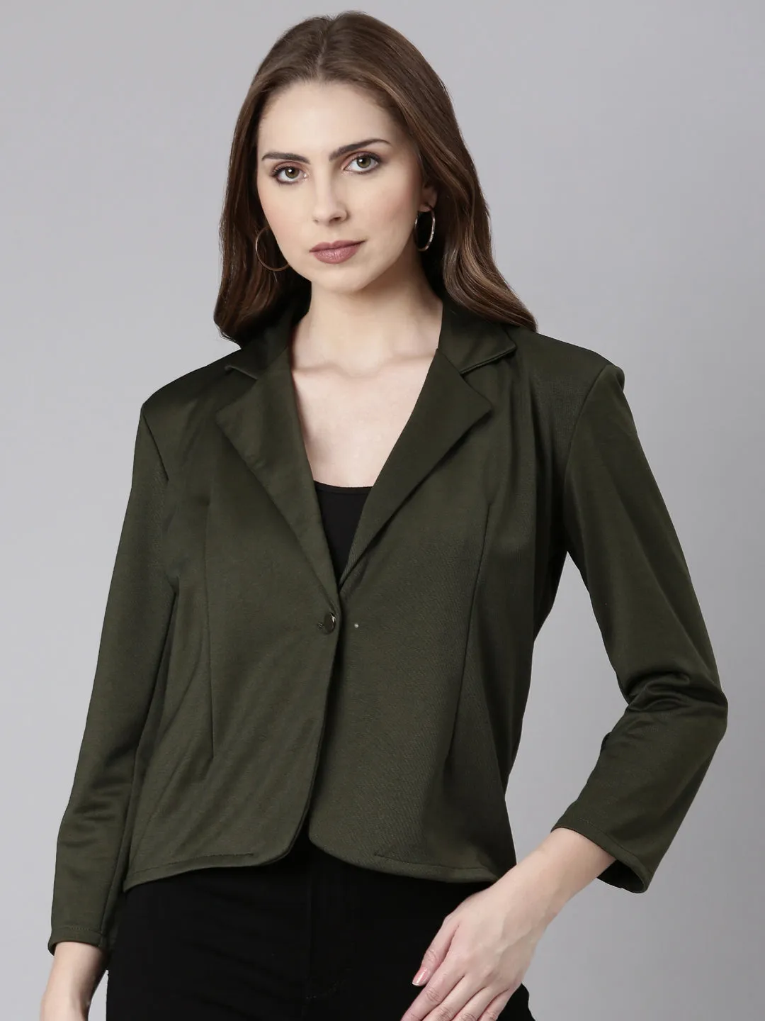 Women Olive Single Breasted Formal Blazer