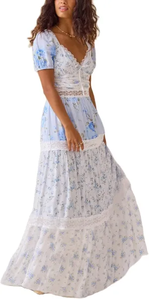 Women Patchwork Dress Y2k Floral Puff Short Sleeve Maxi Dress Summer Boho Smocked Tiered Ruffle Beach Sundress