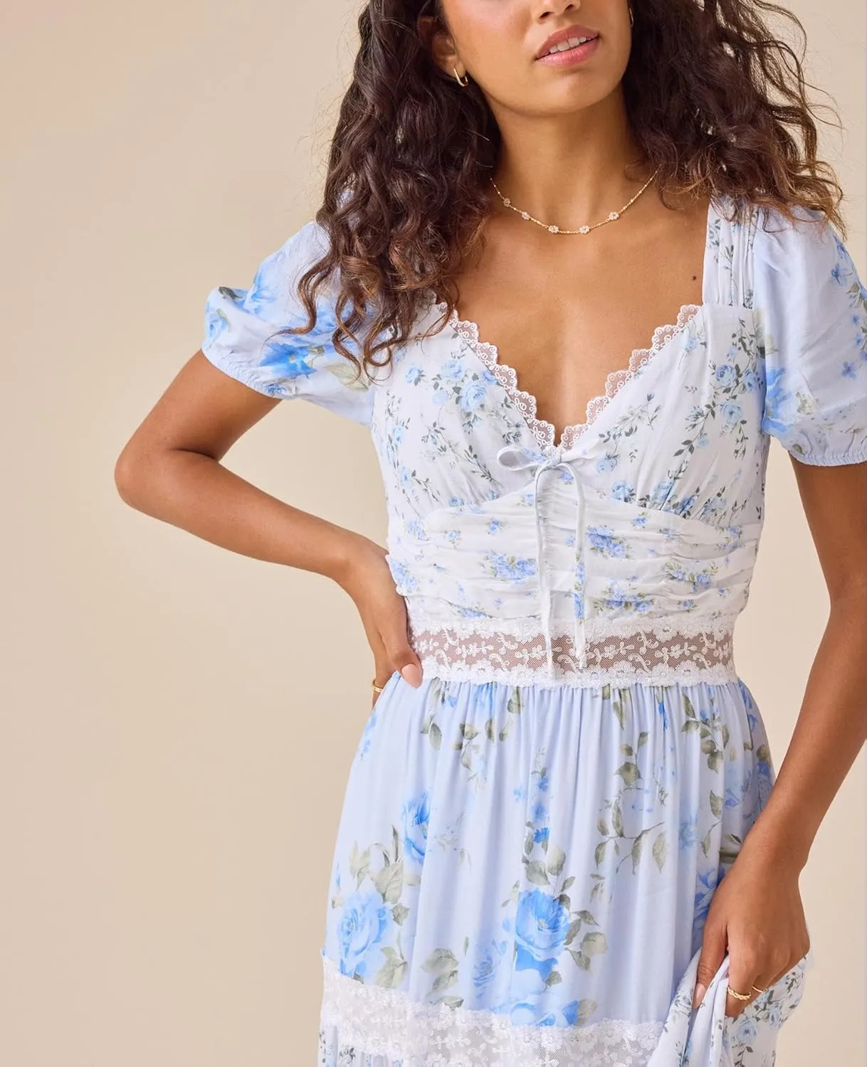 Women Patchwork Dress Y2k Floral Puff Short Sleeve Maxi Dress Summer Boho Smocked Tiered Ruffle Beach Sundress
