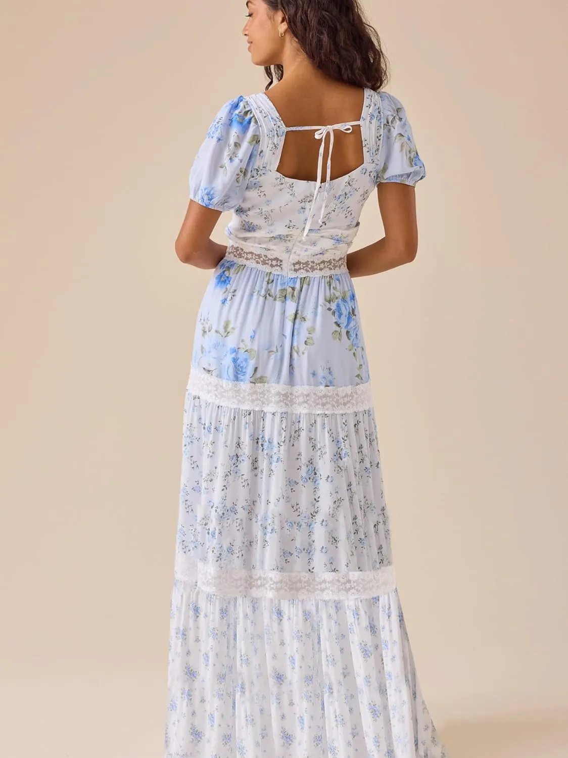 Women Patchwork Dress Y2k Floral Puff Short Sleeve Maxi Dress Summer Boho Smocked Tiered Ruffle Beach Sundress