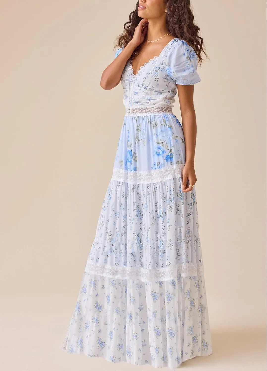 Women Patchwork Dress Y2k Floral Puff Short Sleeve Maxi Dress Summer Boho Smocked Tiered Ruffle Beach Sundress