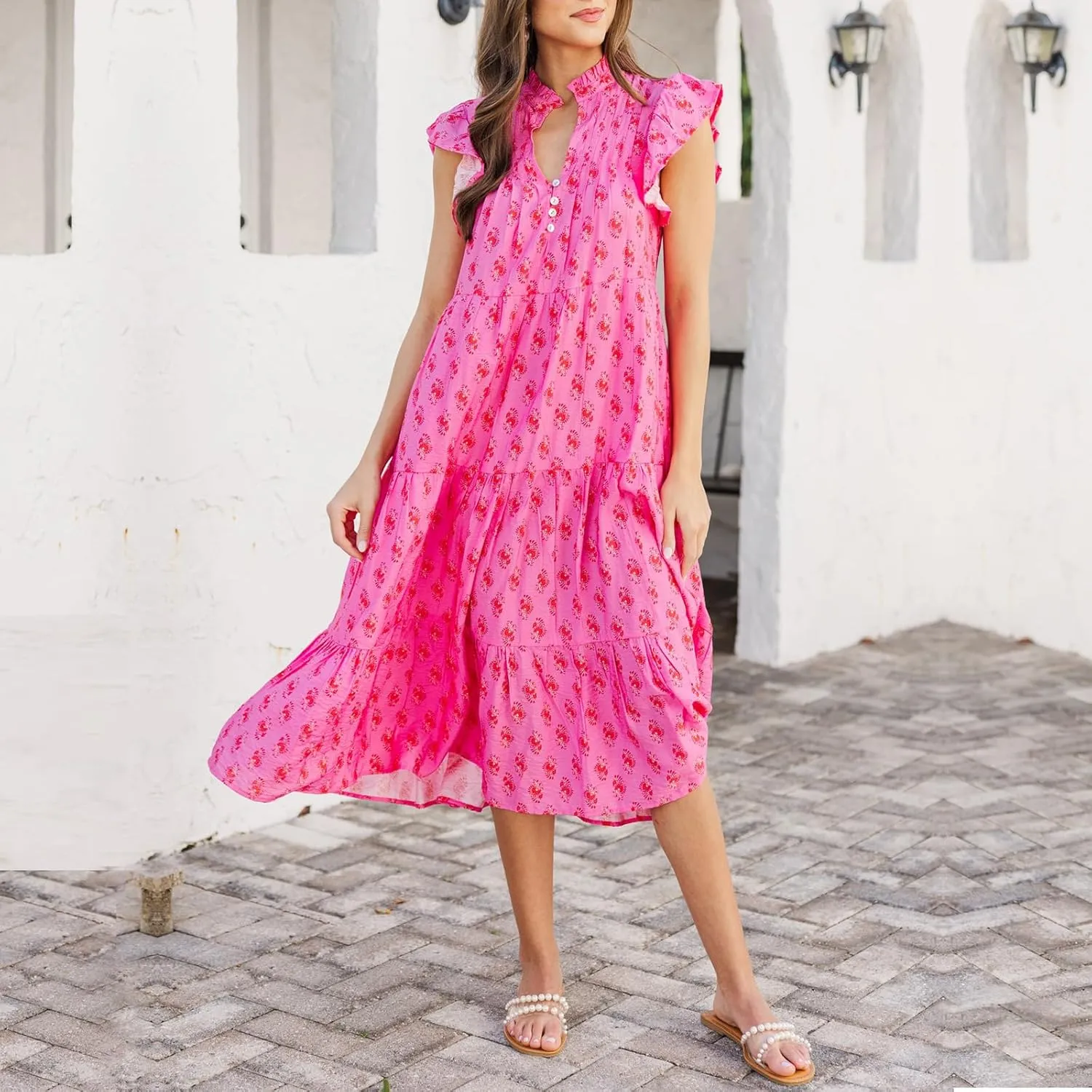 Women Patchwork Dress Y2k Floral Puff Short Sleeve Maxi Dress Summer Boho Smocked Tiered Ruffle Beach Sundress