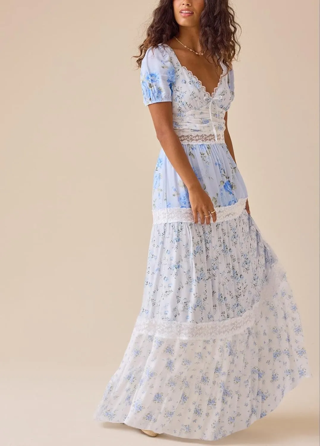 Women Patchwork Dress Y2k Floral Puff Short Sleeve Maxi Dress Summer Boho Smocked Tiered Ruffle Beach Sundress