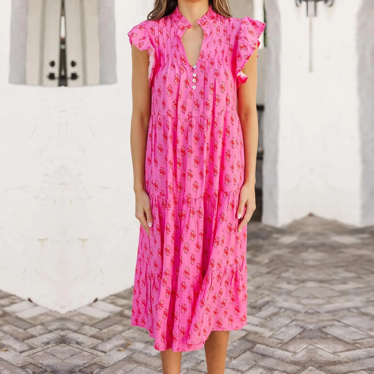 Women Patchwork Dress Y2k Floral Puff Short Sleeve Maxi Dress Summer Boho Smocked Tiered Ruffle Beach Sundress