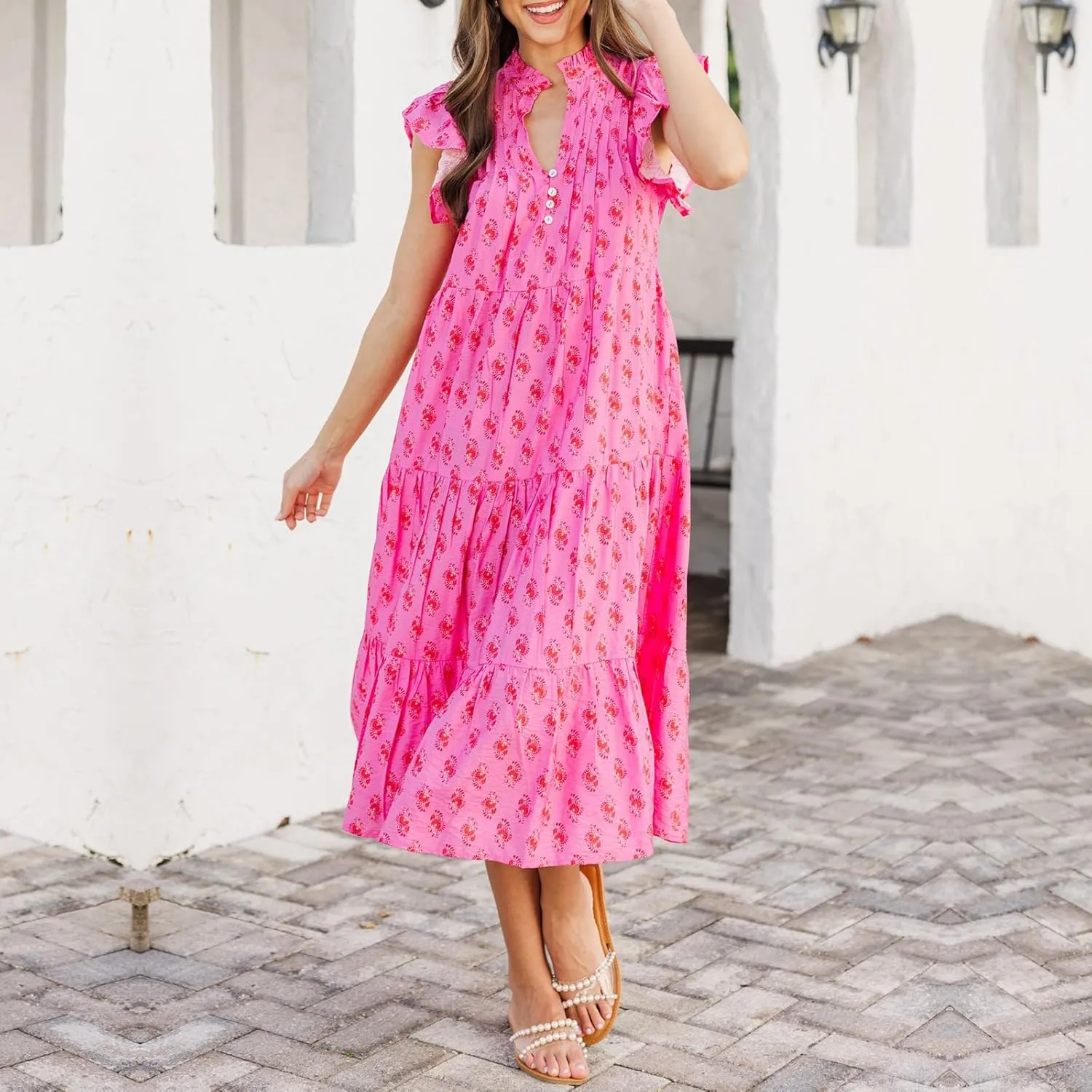 Women Patchwork Dress Y2k Floral Puff Short Sleeve Maxi Dress Summer Boho Smocked Tiered Ruffle Beach Sundress