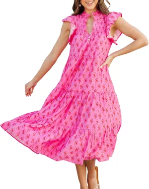 Women Patchwork Dress Y2k Floral Puff Short Sleeve Maxi Dress Summer Boho Smocked Tiered Ruffle Beach Sundress