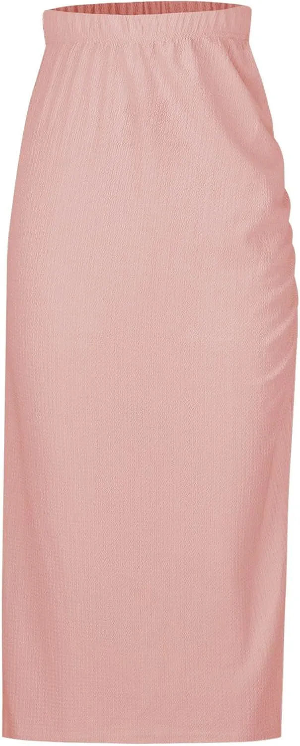 Women Ruched Side Split Pencil Skirt Dressy High Waist Bodycon Midi Skirts Casual Elegant Office Work Long Skirt