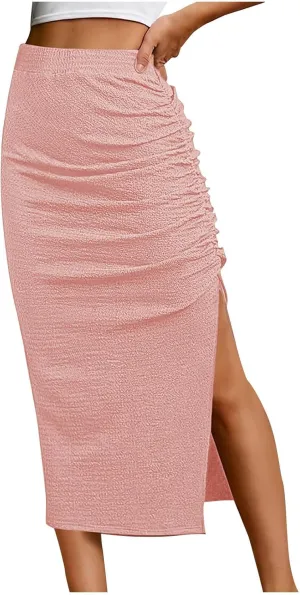 Women Ruched Side Split Pencil Skirt Dressy High Waist Bodycon Midi Skirts Casual Elegant Office Work Long Skirt