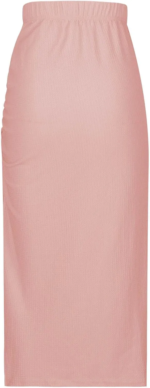 Women Ruched Side Split Pencil Skirt Dressy High Waist Bodycon Midi Skirts Casual Elegant Office Work Long Skirt