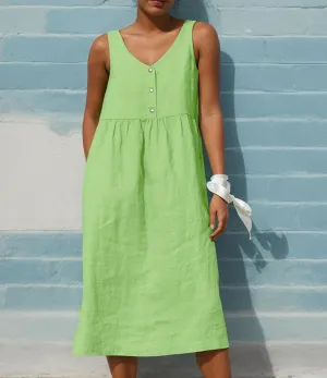 Women Sleeveless Linen Midi Dress Summer Casual V Neck Button Flowy Sun Dress Loose Beach Vacation Shift Dress