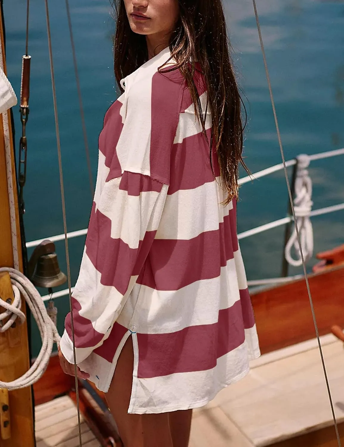 Women Striped Oversized Sweatshirt Long Sleeve Button Shirt Fall Fashion Hoodies Pullover Tops