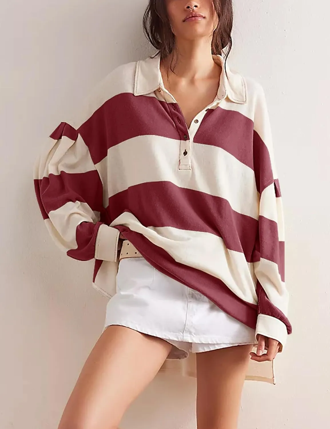 Women Striped Oversized Sweatshirt Long Sleeve Button Shirt Fall Fashion Hoodies Pullover Tops