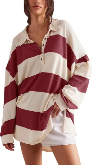 Women Striped Oversized Sweatshirt Long Sleeve Button Shirt Fall Fashion Hoodies Pullover Tops
