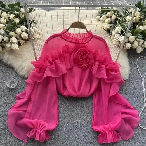 Women’s Chic Ruffle Pleated Mesh Asymmetric Tank Top – Slim Fit Sexy Korean Fashion O-Neck Long Sleeve Blouse for Summer