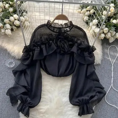 Women’s Chic Ruffle Pleated Mesh Asymmetric Tank Top – Slim Fit Sexy Korean Fashion O-Neck Long Sleeve Blouse for Summer