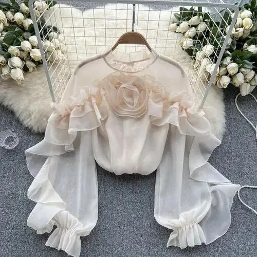 Women’s Chic Ruffle Pleated Mesh Asymmetric Tank Top – Slim Fit Sexy Korean Fashion O-Neck Long Sleeve Blouse for Summer