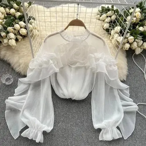 Women’s Chic Ruffle Pleated Mesh Asymmetric Tank Top – Slim Fit Sexy Korean Fashion O-Neck Long Sleeve Blouse for Summer