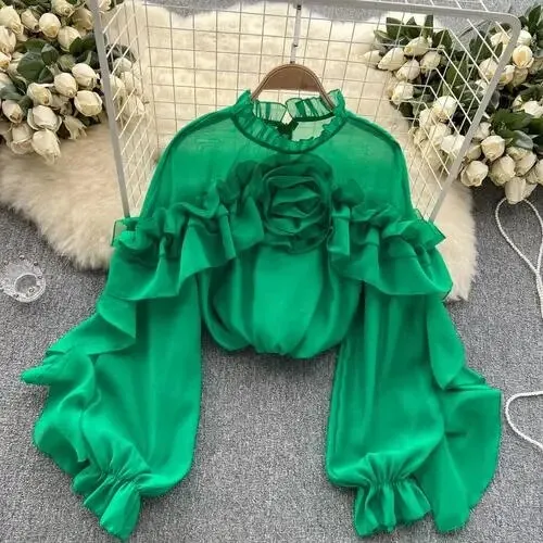 Women’s Chic Ruffle Pleated Mesh Asymmetric Tank Top – Slim Fit Sexy Korean Fashion O-Neck Long Sleeve Blouse for Summer