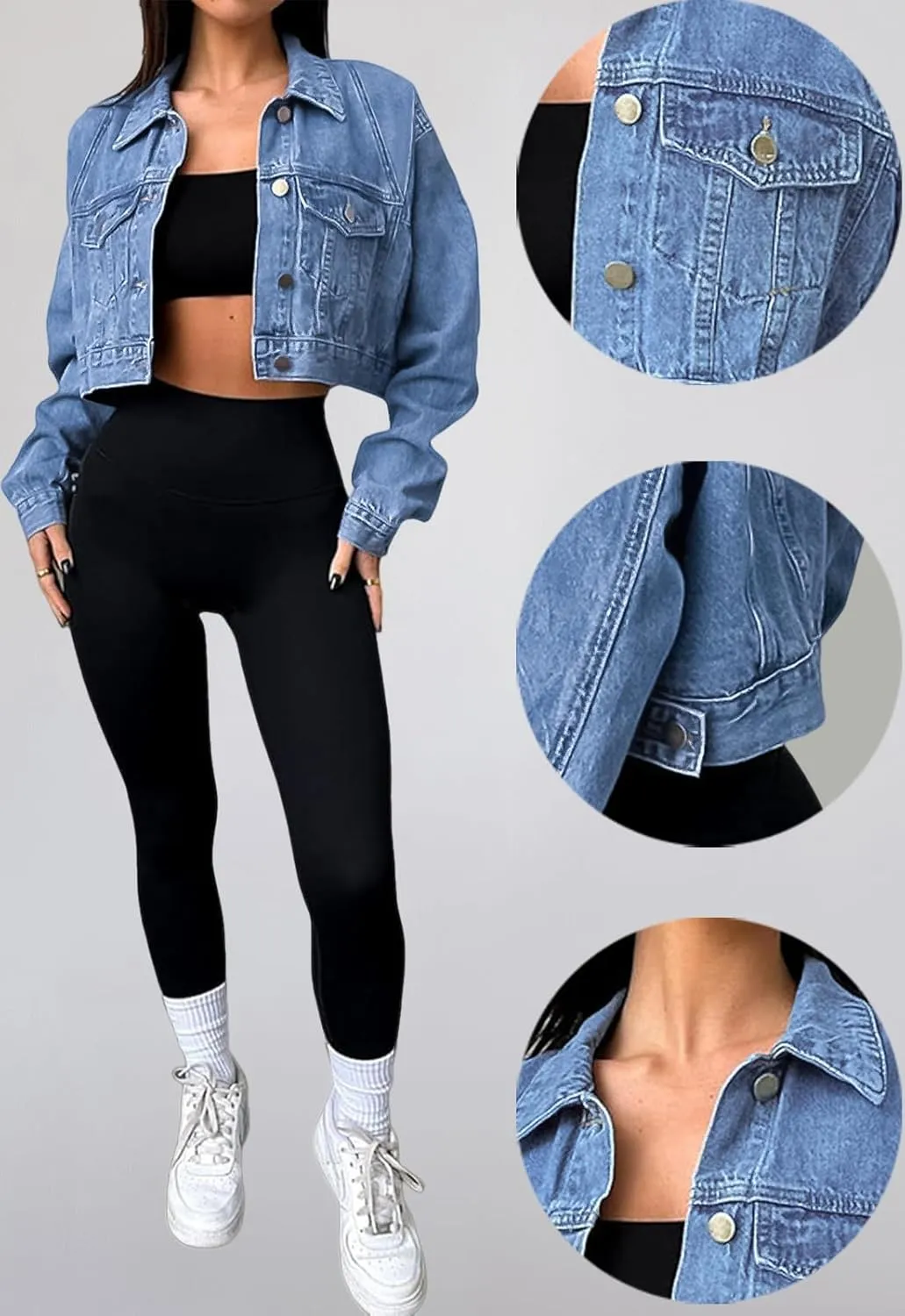Women's Cropped Denim Washed Distressed Button Down Long Sleeve Jean Jacket Coats