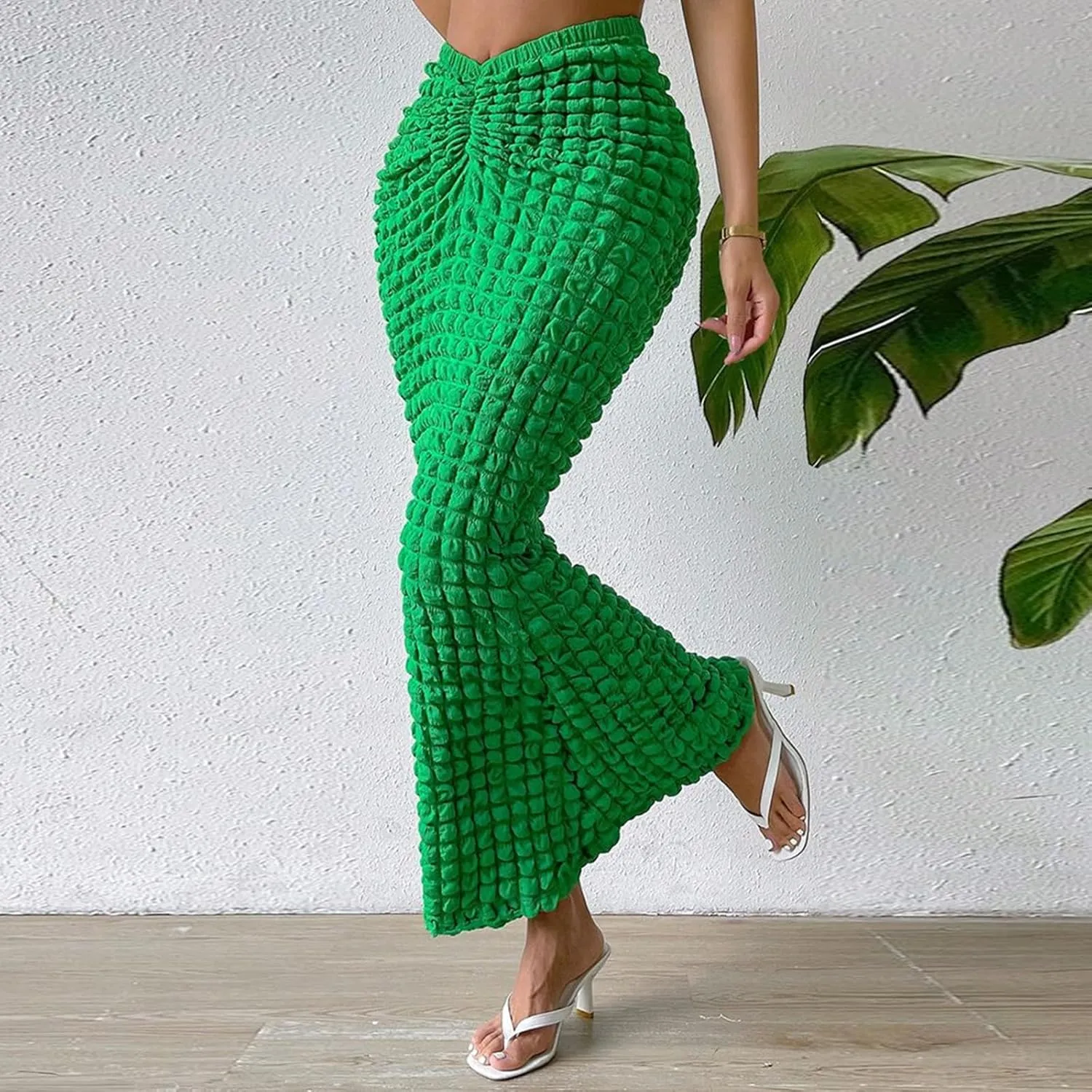Womens Elegant Casual High Waisted Pleated Textured Fishtail Wrap Maxi Skirts Beach Club Sexy Vacation Outfits