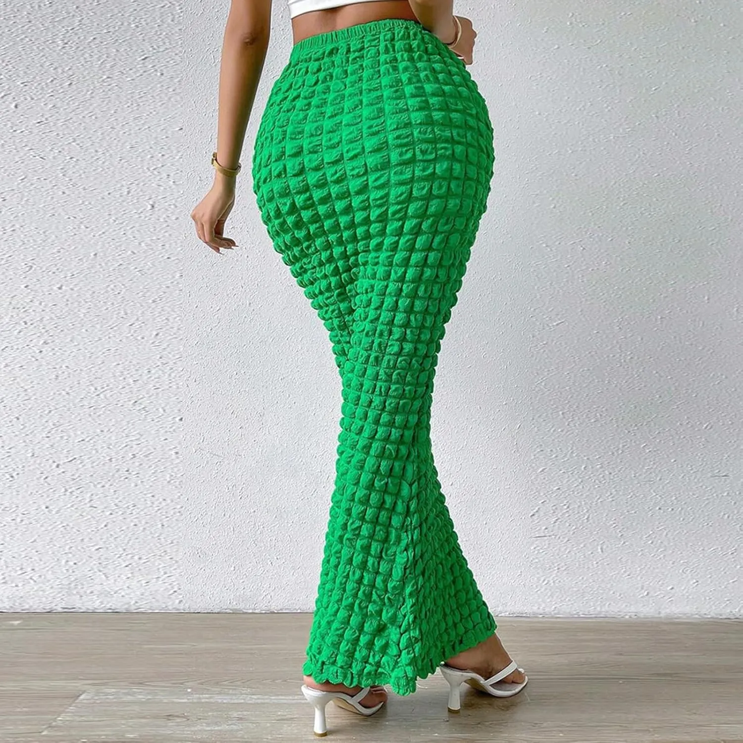 Womens Elegant Casual High Waisted Pleated Textured Fishtail Wrap Maxi Skirts Beach Club Sexy Vacation Outfits