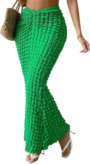 Womens Elegant Casual High Waisted Pleated Textured Fishtail Wrap Maxi Skirts Beach Club Sexy Vacation Outfits