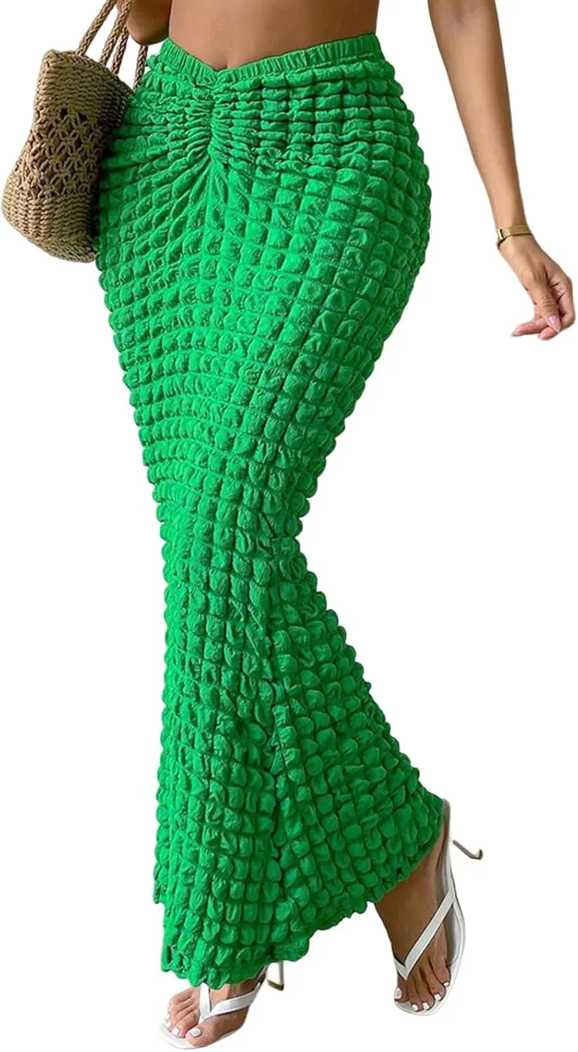 Womens Elegant Casual High Waisted Pleated Textured Fishtail Wrap Maxi Skirts Beach Club Sexy Vacation Outfits