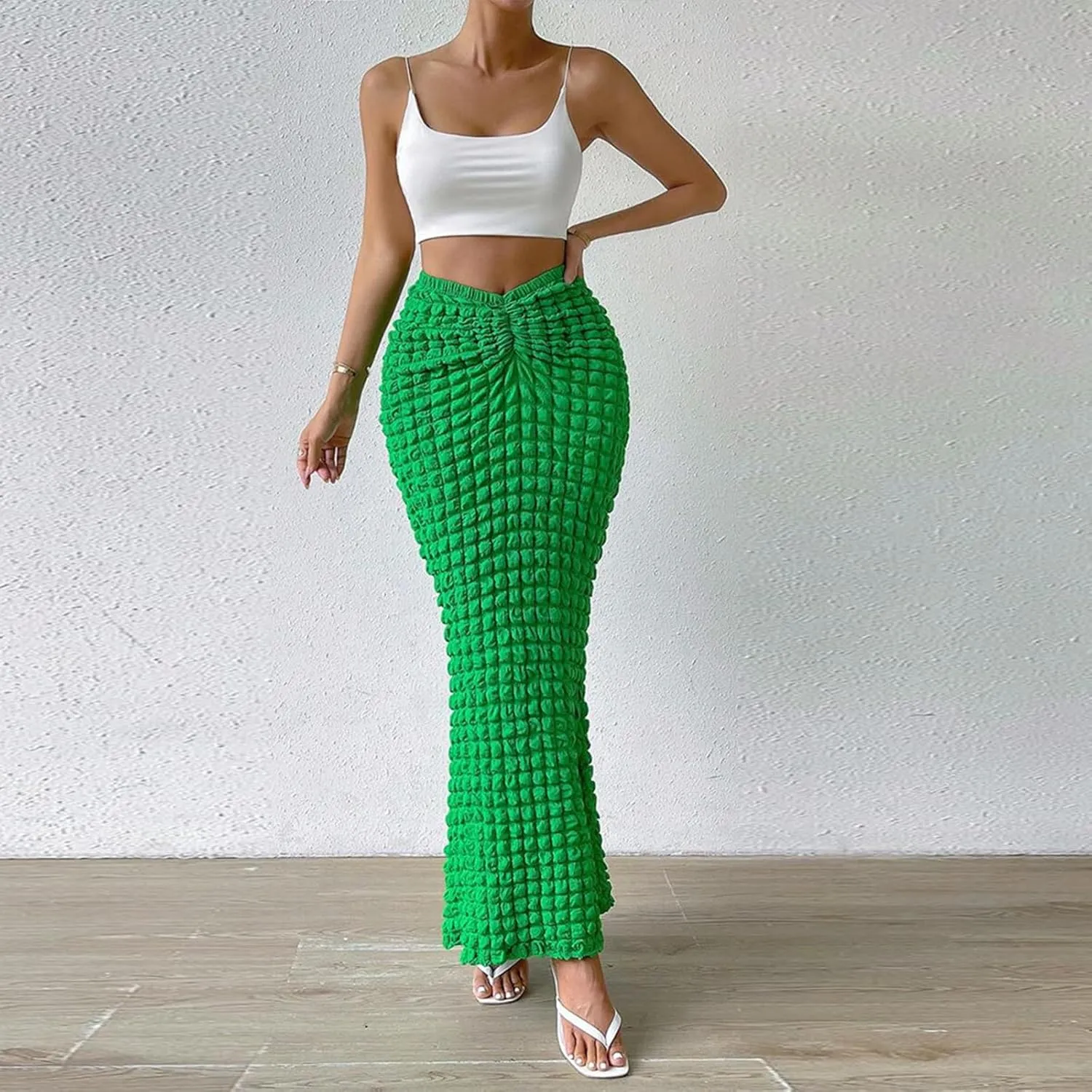 Womens Elegant Casual High Waisted Pleated Textured Fishtail Wrap Maxi Skirts Beach Club Sexy Vacation Outfits