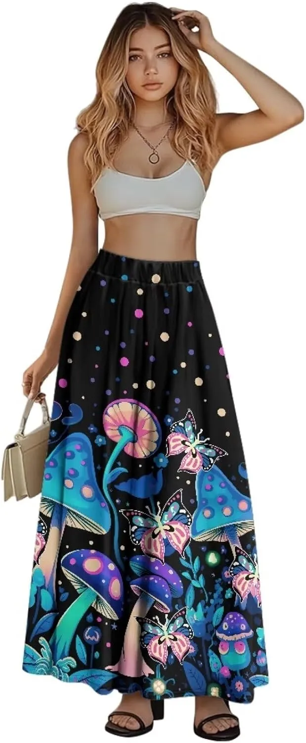 Women's Flowy Maxi Skirt High Waisted Casual Long Skirts with Pockets Swing Skirt for Party Festival Size S-2XL
