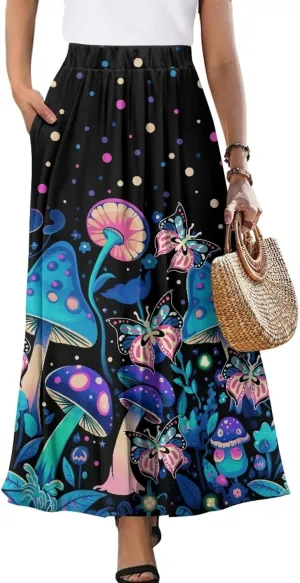 Women's Flowy Maxi Skirt High Waisted Casual Long Skirts with Pockets Swing Skirt for Party Festival Size S-2XL