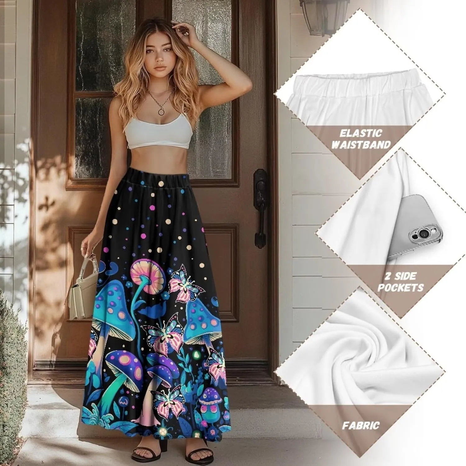 Women's Flowy Maxi Skirt High Waisted Casual Long Skirts with Pockets Swing Skirt for Party Festival Size S-2XL