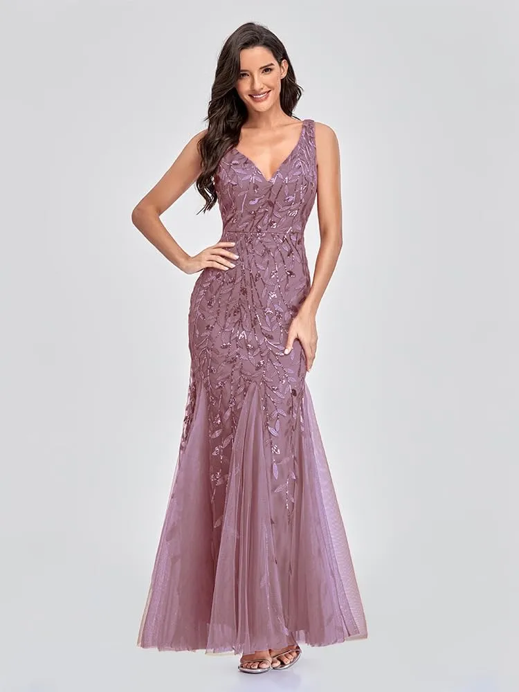 Womens Formal Dress Sleeveless V Neck Sequin Embroidery Mermaid Tulle Evening Dress
