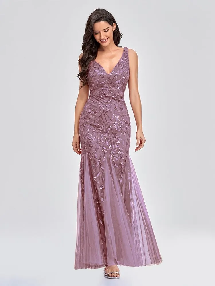 Womens Formal Dress Sleeveless V Neck Sequin Embroidery Mermaid Tulle Evening Dress