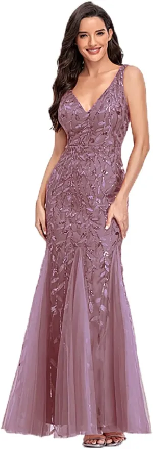 Womens Formal Dress Sleeveless V Neck Sequin Embroidery Mermaid Tulle Evening Dress